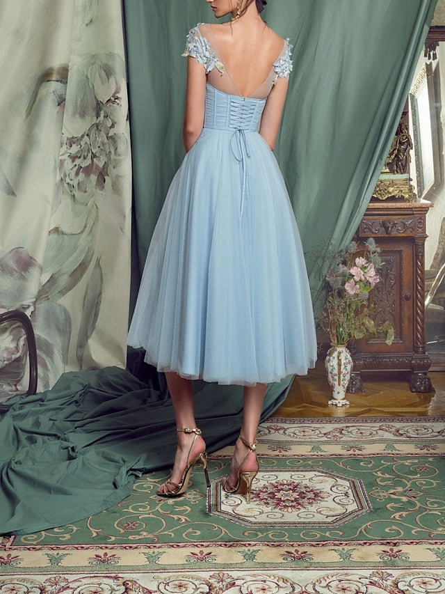 Vestido de fiesta para mujer, vestido de encaje, vestido de corsé, vestido de regreso a casa, vestido midi azul claro, manga corta, color puro, encaje, verano, primavera, cuello barco, moda para invitadas de boda.
