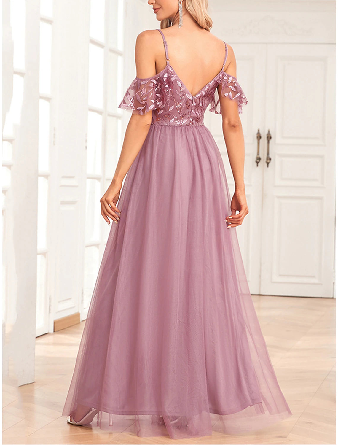 Weitese Women's Pink Sequin Dress Prom Dress Party Dress Sparkly Dress Long Dress Maxi Dress Short Sleeve Sparkly Glitter Fall Winter Spaghetti Strap Fashion Evening Party