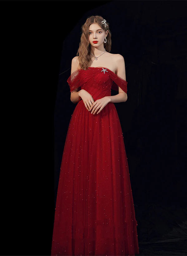 Wine Red Off Shoulder Tulle A-line Evening Dress