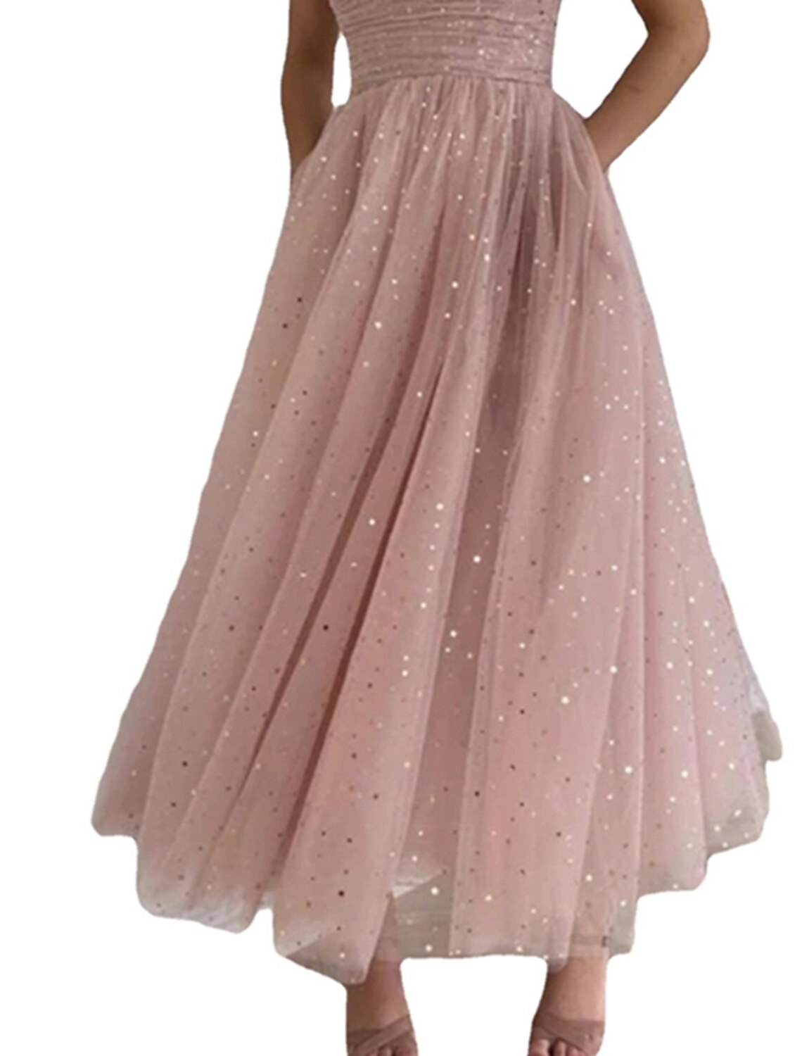 Women‘s Party Dress Swing Dress Midi Dress Pink Sleeveless Pure Color Mesh Spring Summer Spaghetti Strap Party Wedding Guest