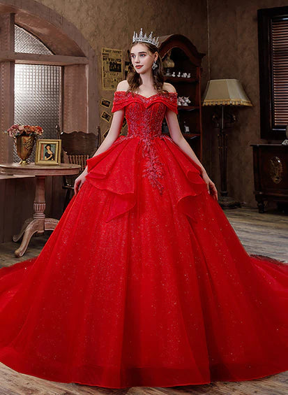Vestido formal largo con escote en forma de corazón de tul rojo y cuentas