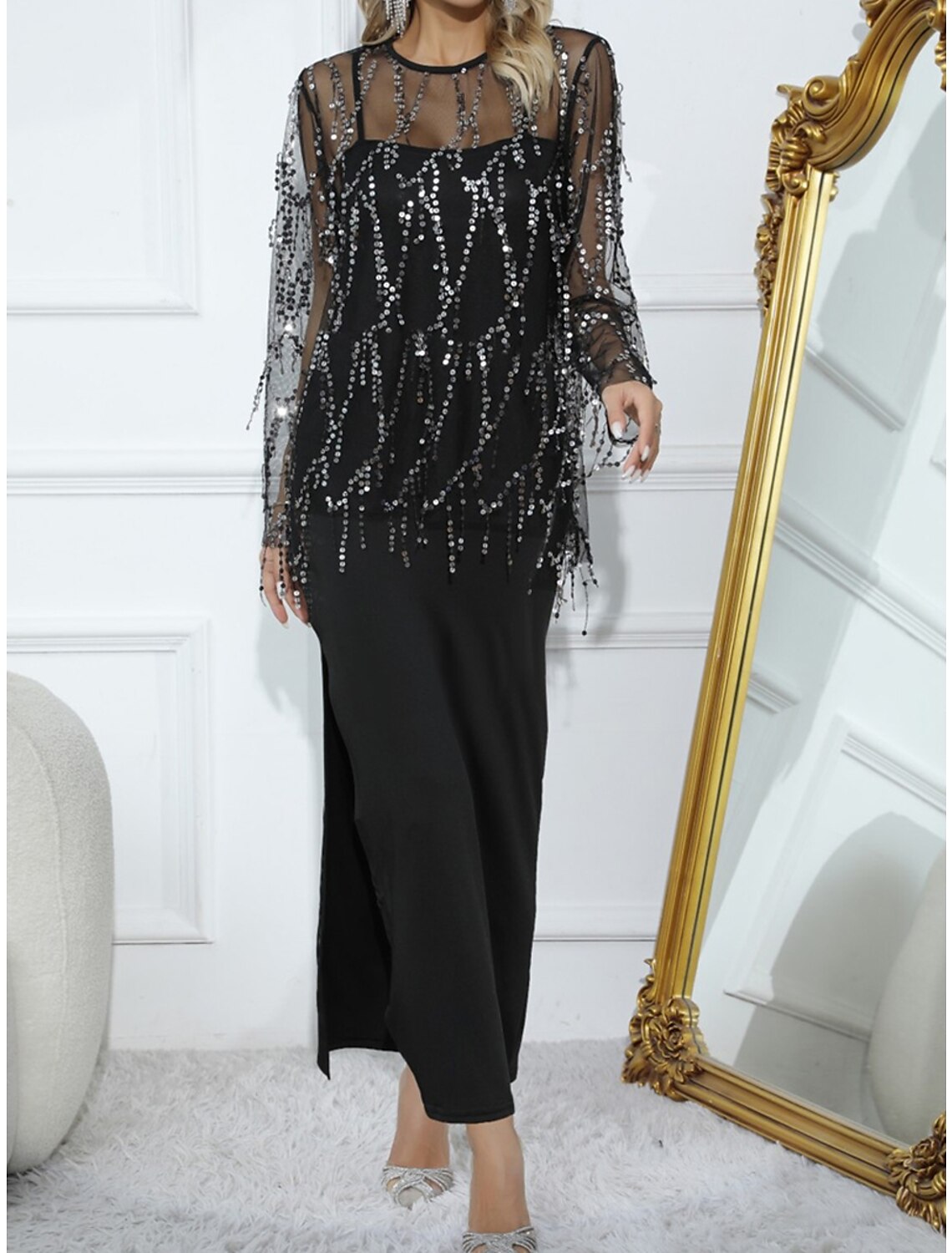 Weitese Women's Little Black Dress Sequin Dress Prom Dress Long Dress Maxi Dress Black Long Sleeve Pure Color Sequins Fall Winter Crew Neck Fashion Winter Dress Wedding Guest Evening Party