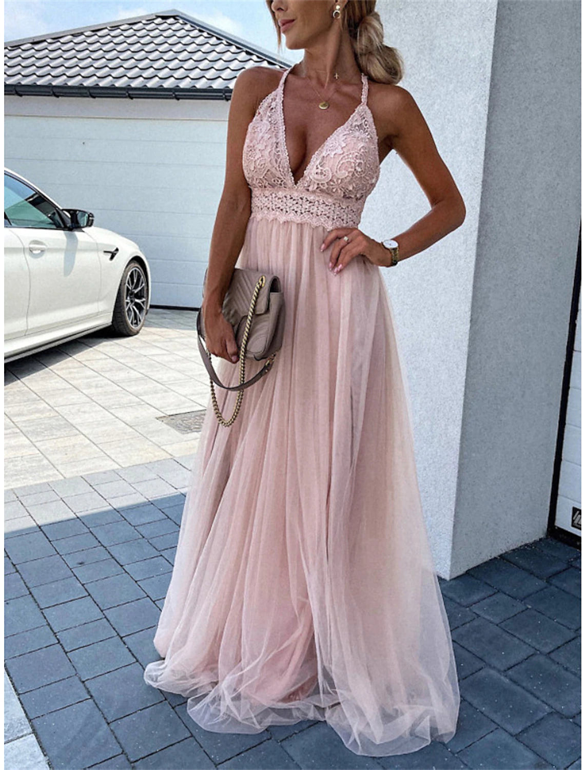 Weitese Women's Prom Dress Party Dress Lace Dress Long Dress Maxi Dress Pink Green Sleeveless Pure Color Lace Summer Spring Fall Spaghetti Strap Fashion Birthday Evening Party Wedding Guest