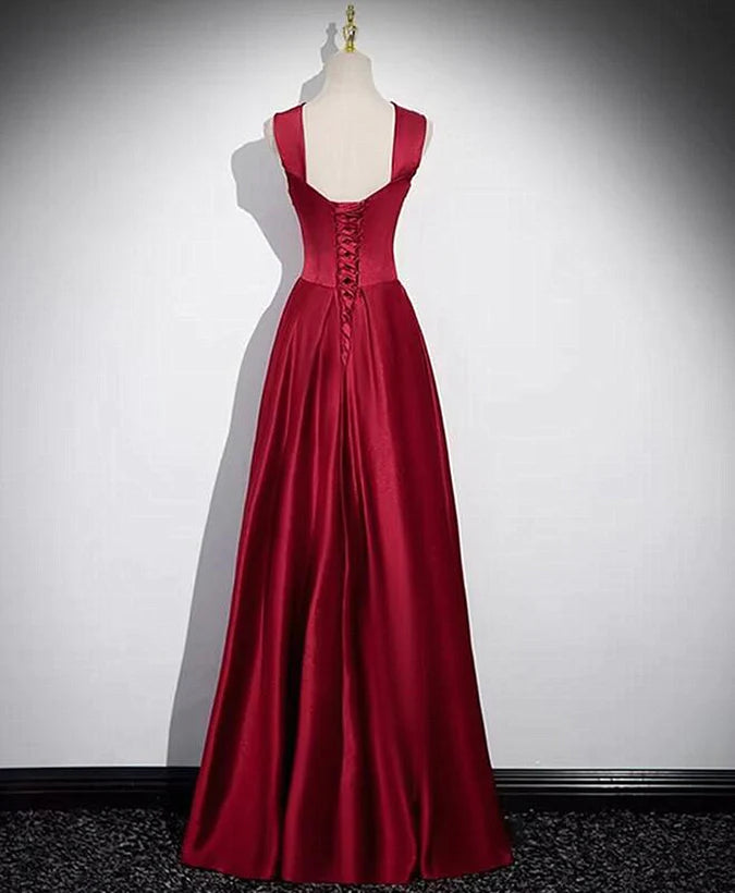 Wine Red Straps Satin Scoop Floor Length Prom Dress