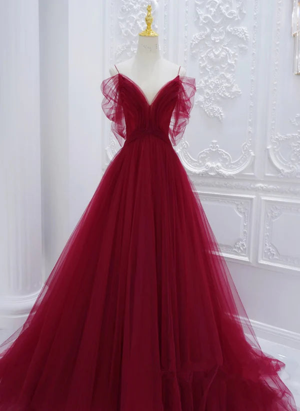 Wine Red Tulle V-neckline Long Party Dress