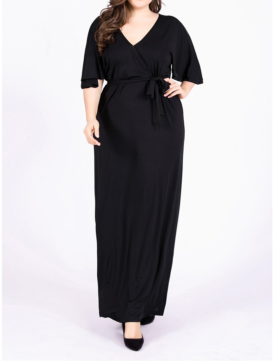 Robe noire grande taille Weitese pour femme, robe de bal, robe de soirée, robe longue, robe longue, noire, manches courtes, unie, lacets, été, printemps, automne, col en V, élégante, invité de mariage, anniversaire, soirée