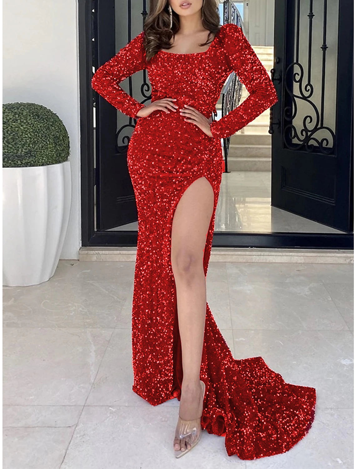 Women's Red Christmas Party Dress New Year's Eve Dress Sparkly Sequin Dress Long Dress Red Long Sleeve Sequins Square Neck Winter Dress
