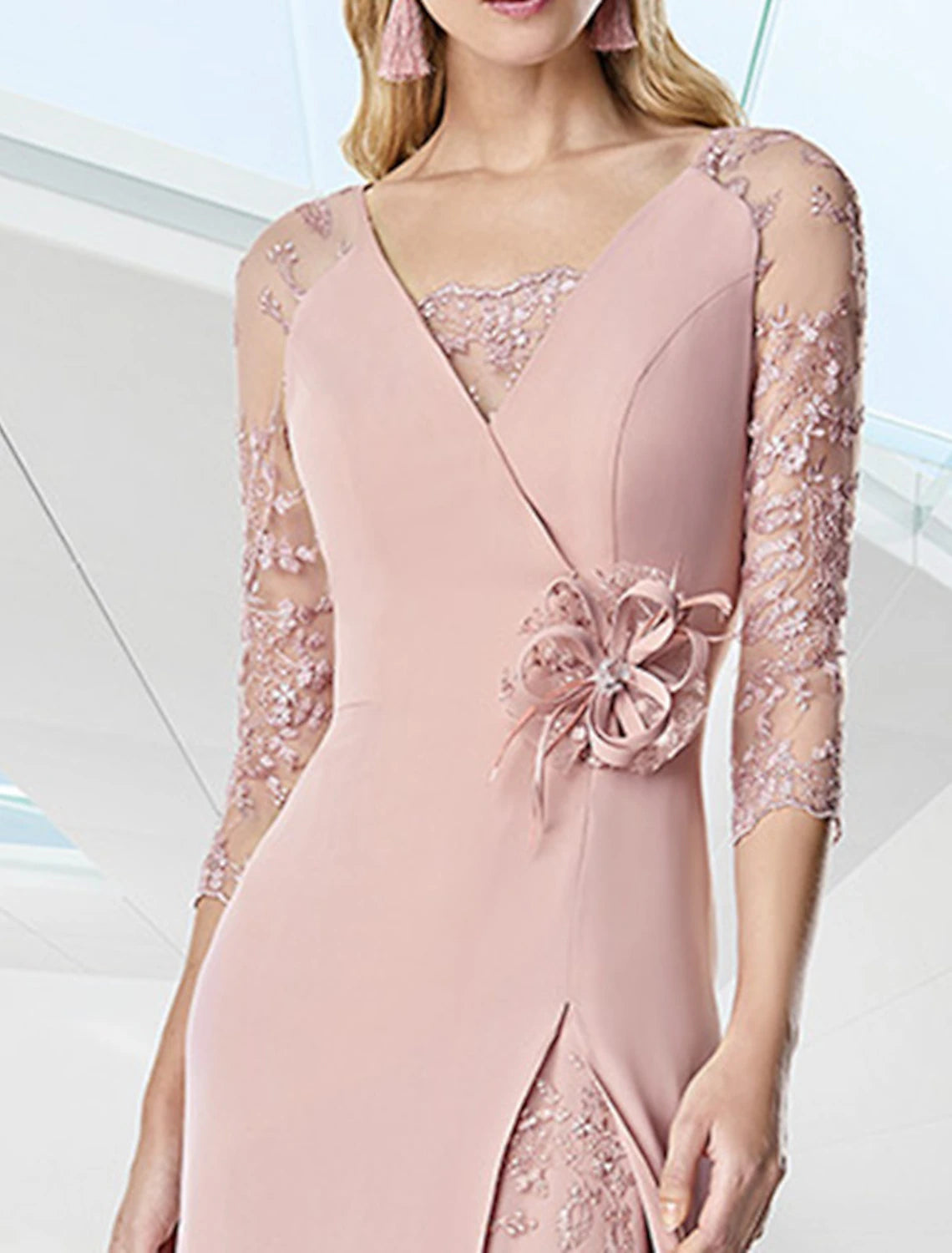 Weitese A-Line Evening Gown Elegant Dress Formal Floor Length 3/4 Length Sleeve V Neck Fall Wedding Guest Chiffon with Embroidery