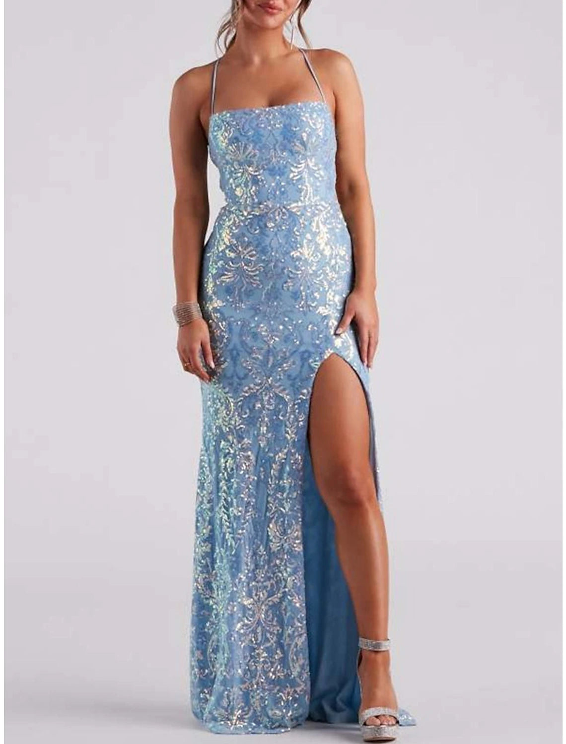 Weitese Women's Sequin Dress Prom Dress Party Dress Long Dress Maxi Dress Blue Gold Sleeveless Plain Sequins Summer Spring Fall Halter Neck Party Wedding Guest Evening Party Vacation