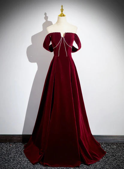 Wine Red Velvet Long Off Shoulder Prom Dress