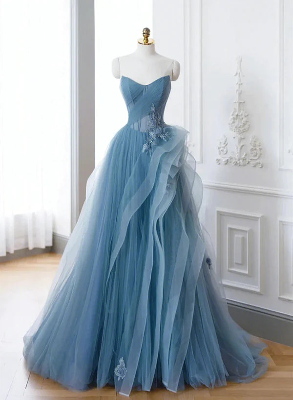 A-line Blue Tulle with Lace Off Shoulder Prom Dress