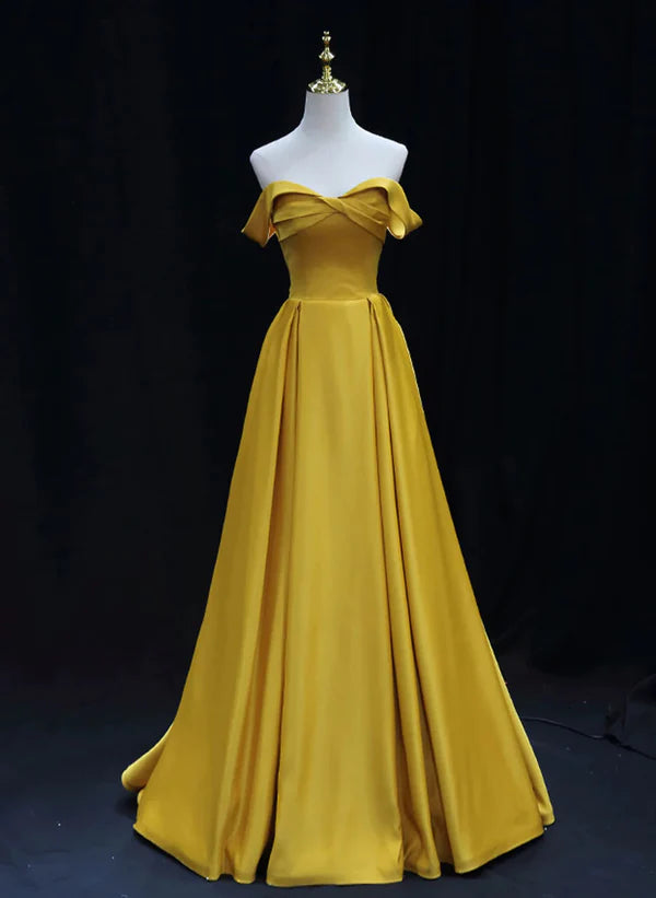 Vestido de fiesta amarillo sencillo de satén con hombros descubiertos y corte en A