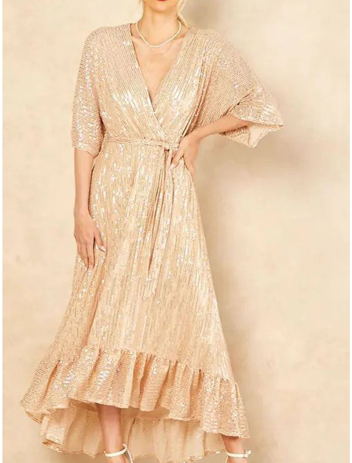Weitese Women's Gold Sequin Dress Black Dress Prom Dress Party Dress Sparkly Dress Black Sheath Dress Long Dress Maxi Dress Blue Half Sleeve Fall Winter V Neck Fashion Evening