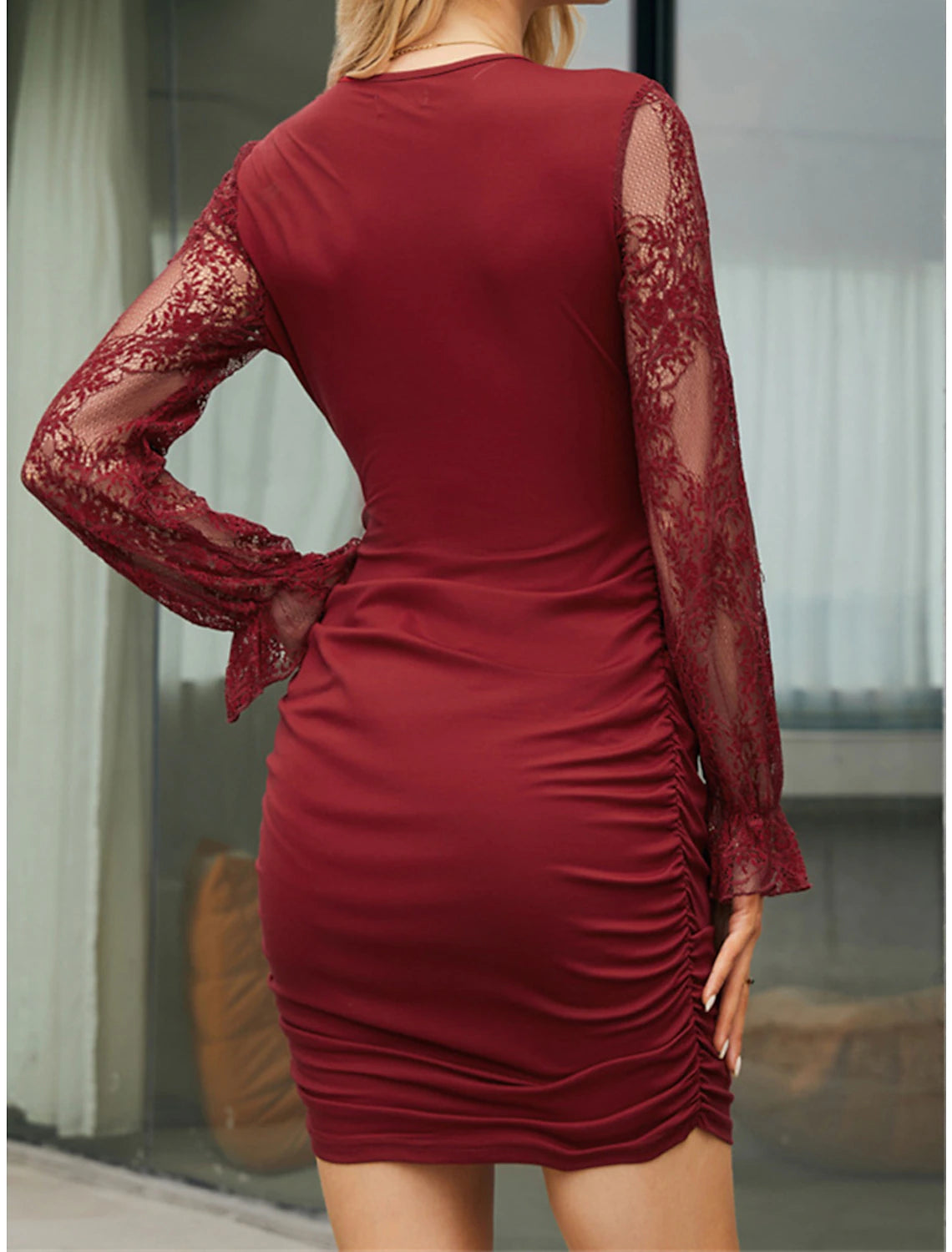 Women's Black Dress Party Dress Homecoming Dress Mini Dress Black Red Blue Long Sleeve Pure Color Lace Fall Winter Autumn V Neck Fashion Winter Dress Wedding Guest Vacation