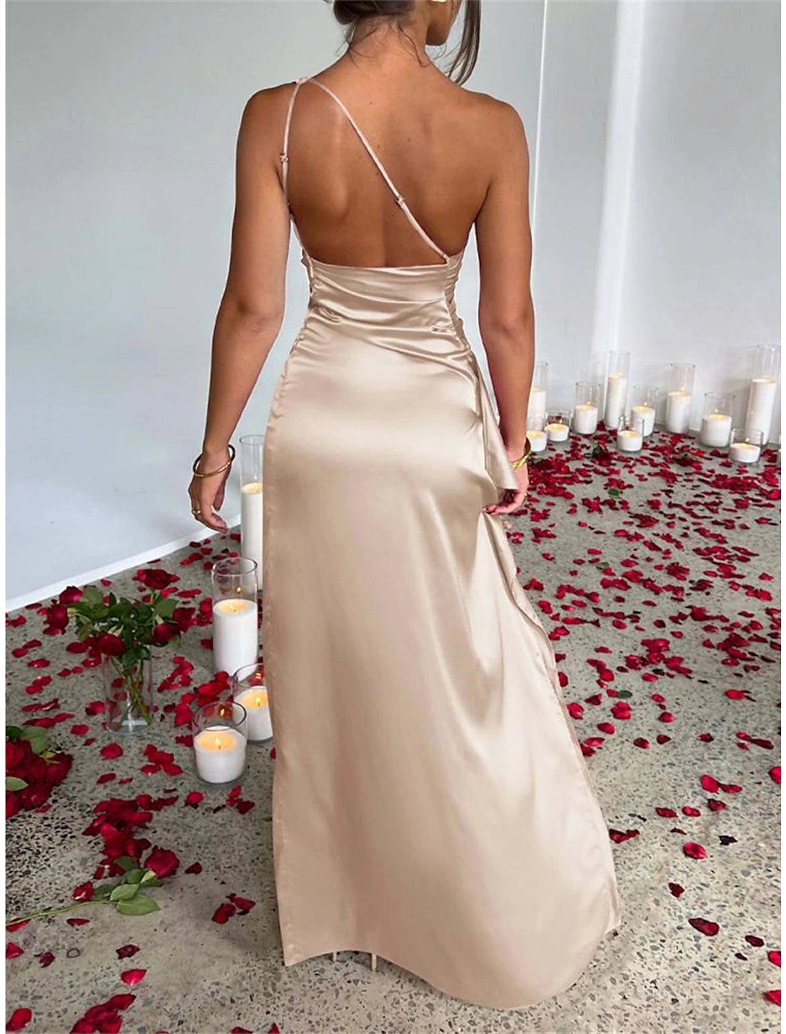 Women's Christmas Prom Dress Party Dress New Year's Eve Dress Wedding Guest Dress Long Dress Maxi Dress Champagne Red Green Sleeveless Ruched Summer Spring Fall One Shoulder