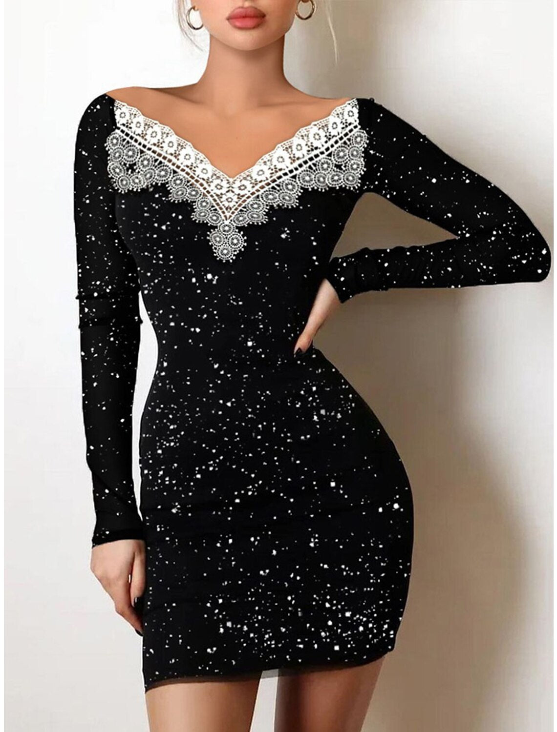 Weitese Women's Black Dress Party Dress Wedding Guest Dress Mini Dress Black Khaki Long Sleeve Dot Lace Spring Fall Winter V Neck Fashion Winter Dress Wedding Guest Evening Party