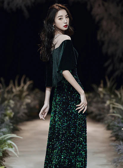 Vestido de fiesta largo estilo sirena de terciopelo y lentejuelas verde oscuro