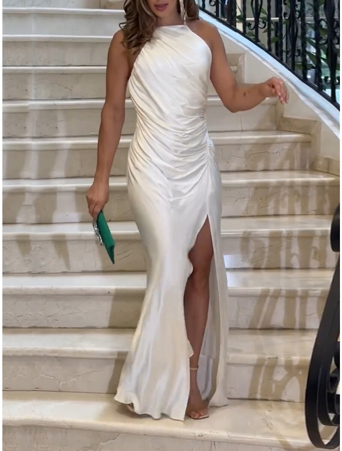 Weitese Women's Prom Dress Party Dress Satin Dress Long Dress Maxi Dress White Sleeveless Pure Color Ruched Spring Fall Winter Spaghetti Strap Fashion Winter Dress Evening Party Wedding Guest