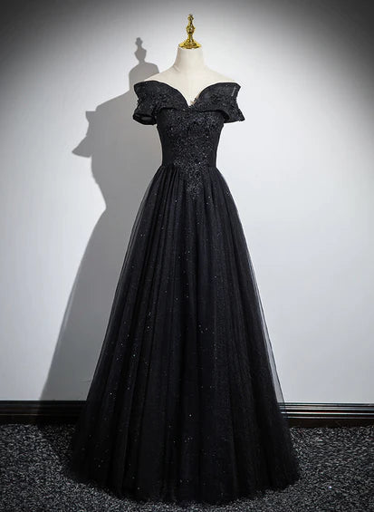 Robe de soirée trapèze noire en tulle et dentelle à épaules dénudées