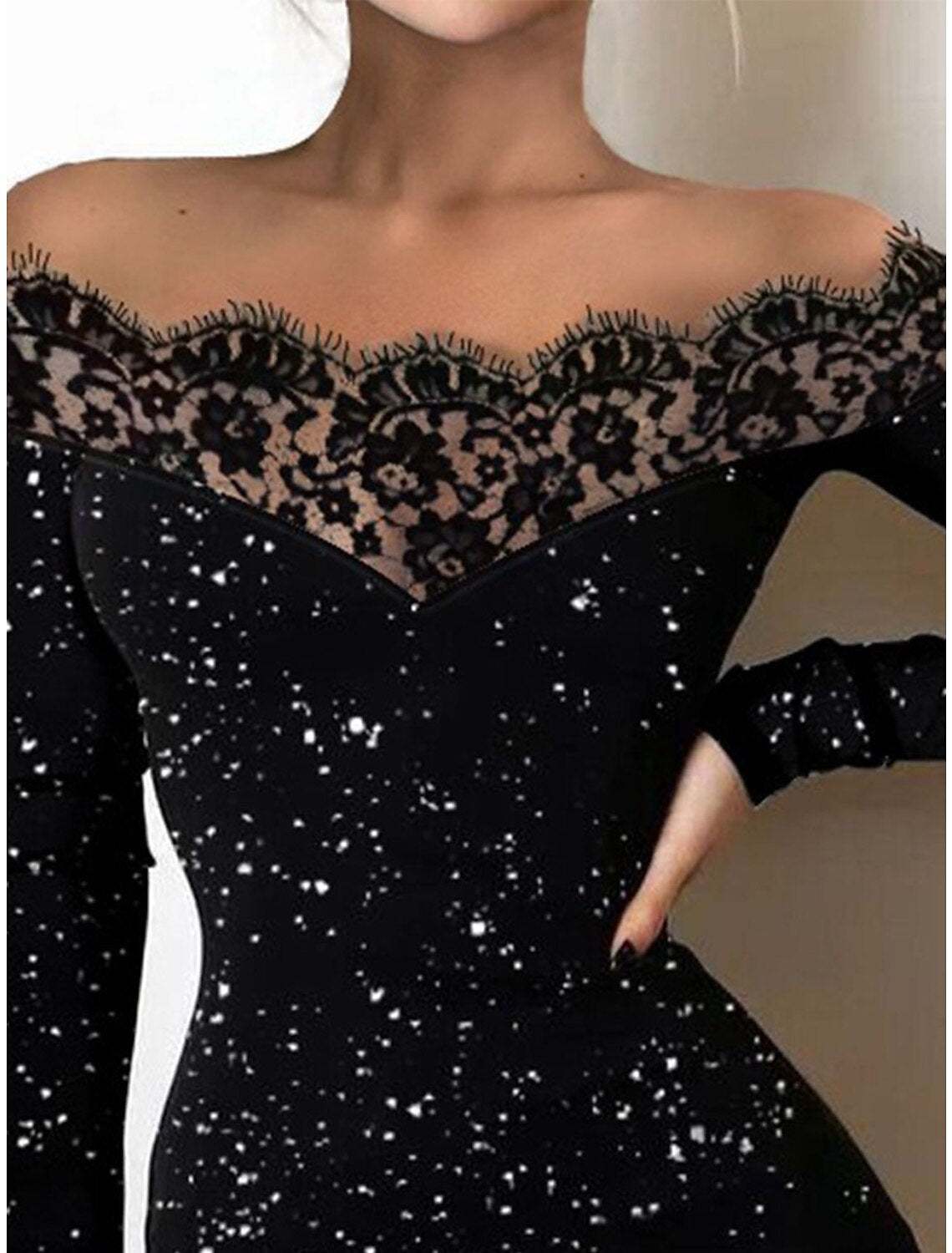 Weitese Women's Black Dress Party Dress Wedding Guest Dress Mini Dress Black Long Sleeve Dot Lace Spring Fall Winter Off Shoulder Fashion Winter Dress Wedding Guest Evening Party