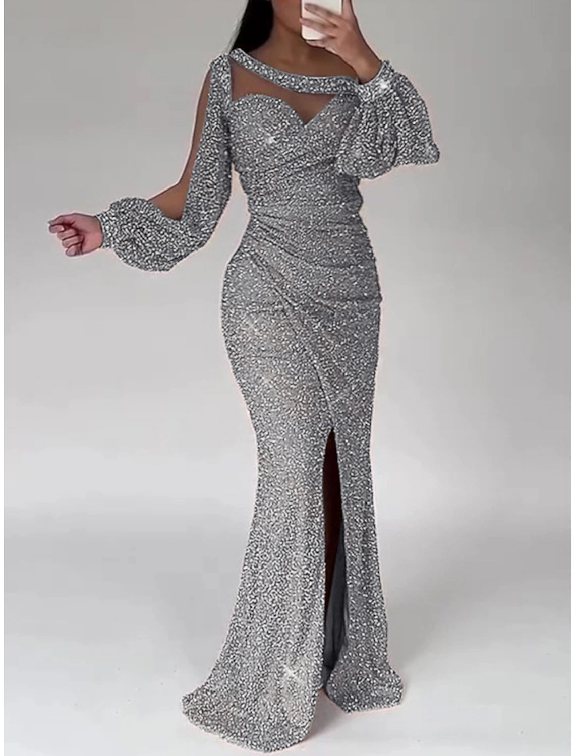 Weitese Mermaid Dress Evening Gown Champagne Gown Sparkle Sequin Dress Formal Floor Length Long Sleeve Scoop Neck with Ruched Slit