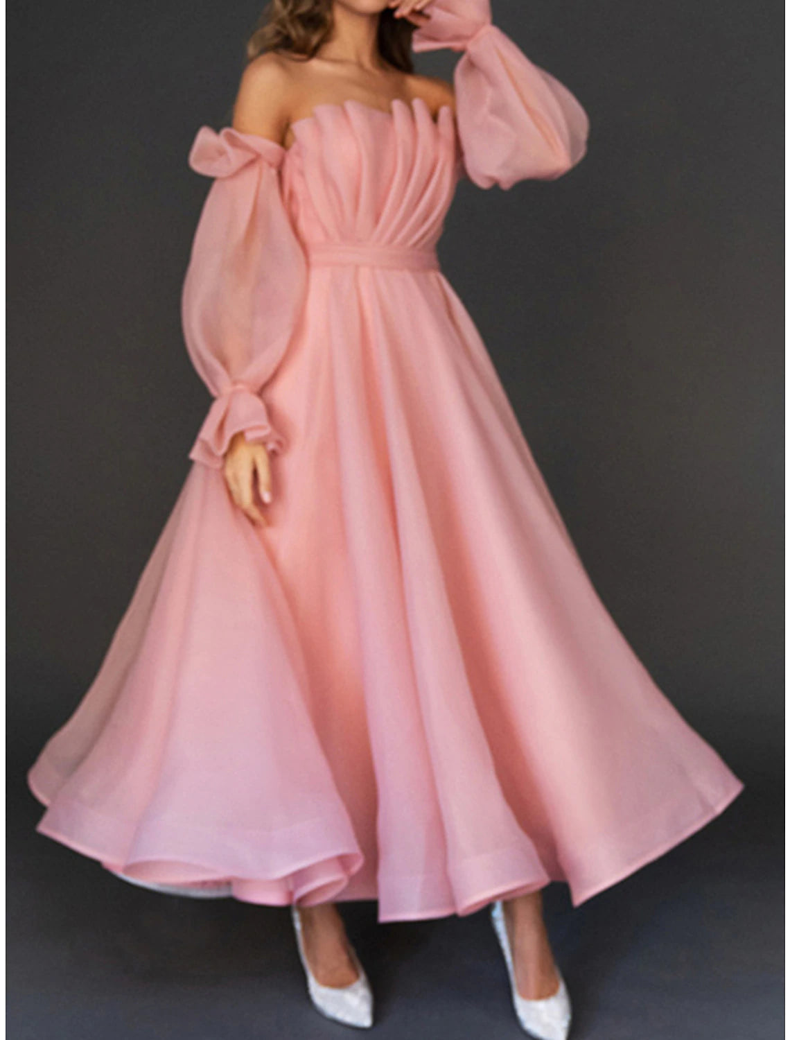 Weitese Women's Prom Dress Party Dress Homecoming Dress Long Dress Maxi Dress Pink Long Sleeve Pure Color Ruched Fall Winter Autumn Strapless Fashion Wedding Guest Birthday Evening Party