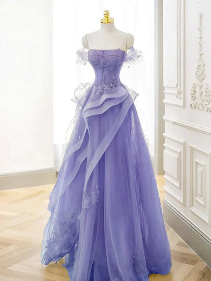 Purple Sweetheart Off Shoulder Tulle Long Party Dress