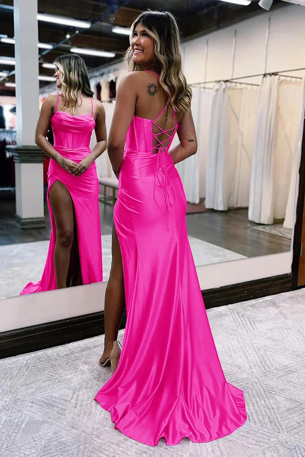 Fuchsia Spaghetti Straps Mermaid Prom Dress With Slit