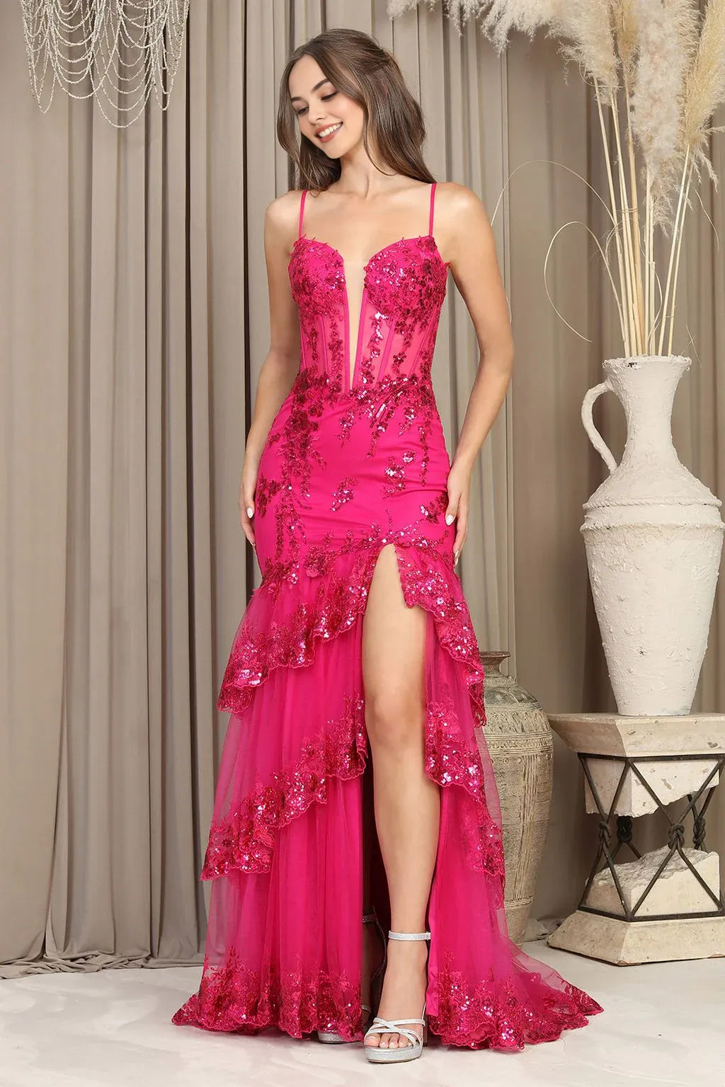 Weitese Dress Applique Corset Long Fitted Formal Dress Spaghetti Strap Lace Up Prom Dress