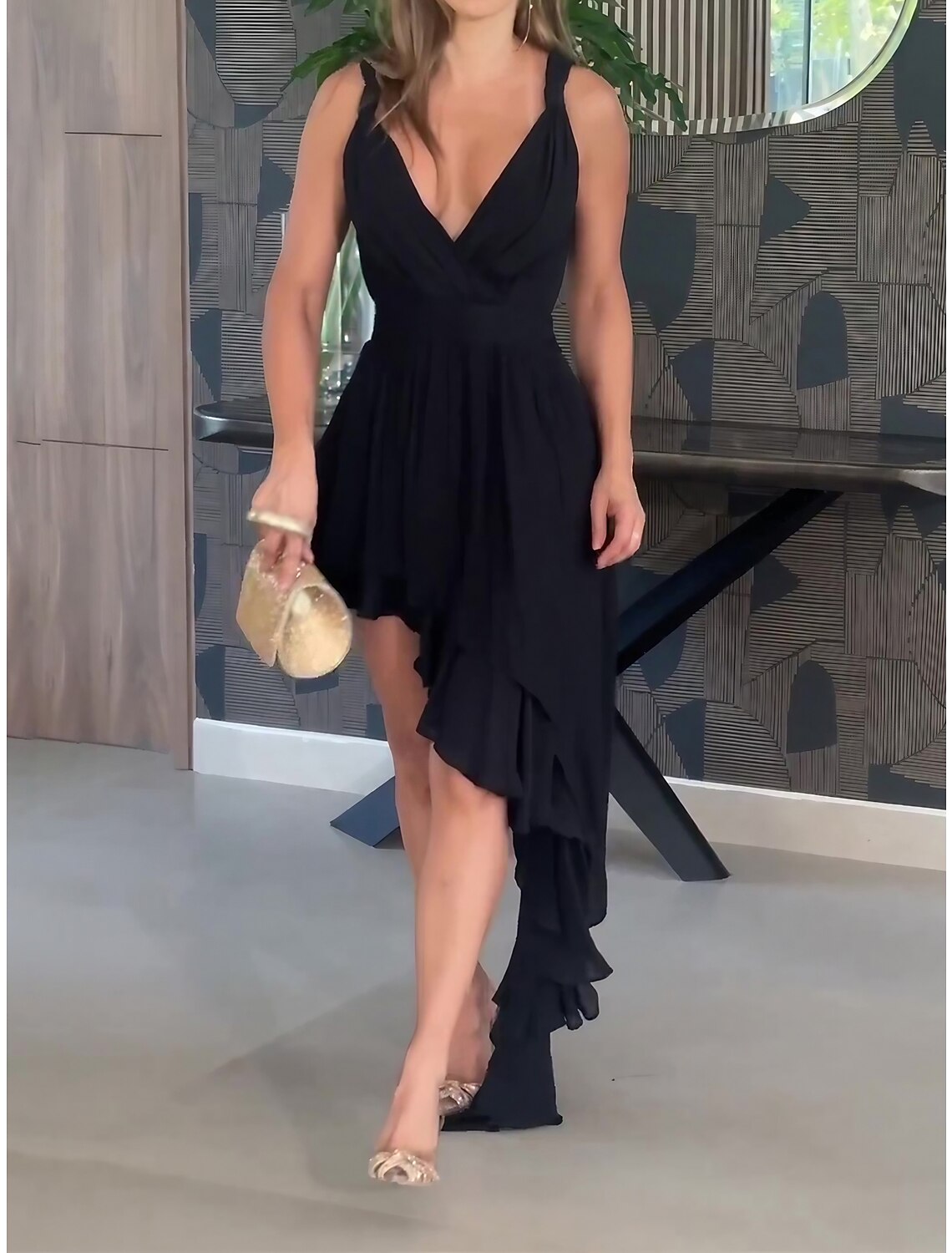 Weitese Women's Little Black Dress Prom Dress Party Dress Wedding Guest Dress Long Dress Maxi Dress Sleeveless Ruffle Spring Deep V Fashion Evening Party Wedding Guest