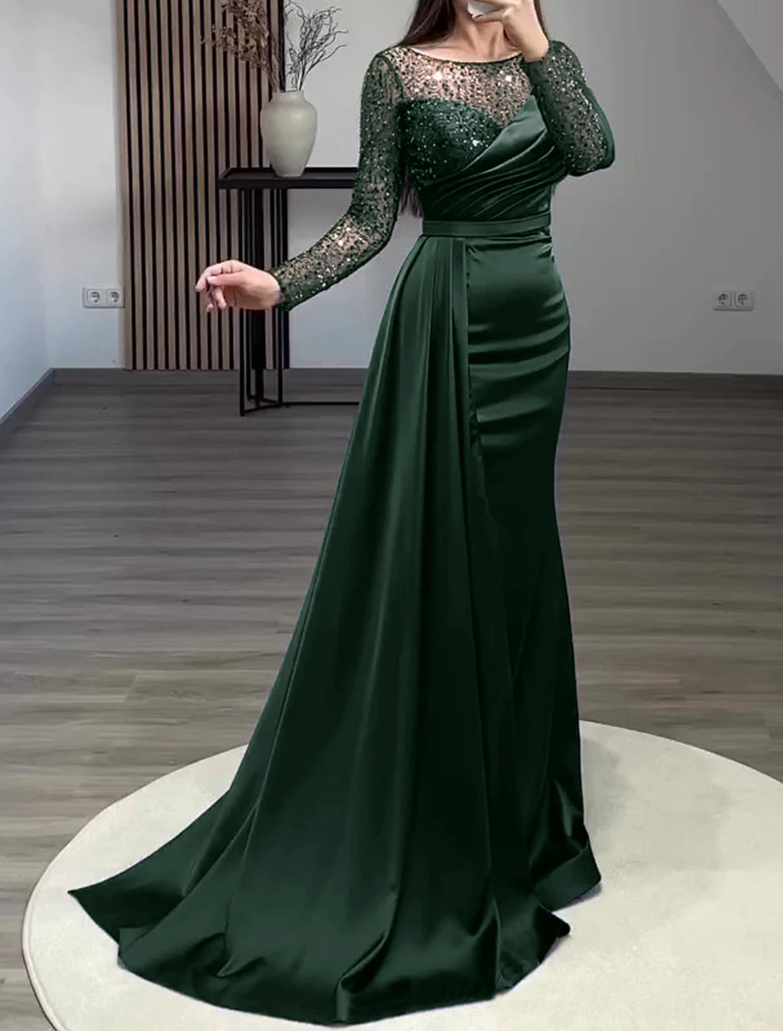 Weitese Mermaid Dress Evening Gown Red Green Dress Formal Wedding Guest Court Train Long Sleeve Jewel Neck Charmeuse with Ruched Pearls Sequin