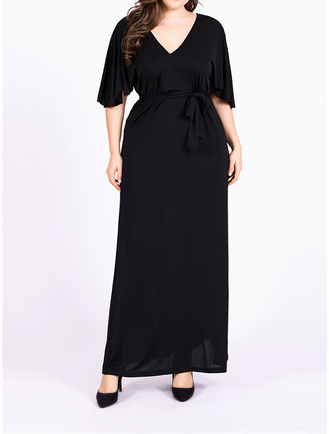 Robe noire grande taille Weitese pour femme, robe de bal, robe de soirée, robe longue, robe longue, noire, manches courtes, unie, lacets, été, printemps, automne, col en V, élégante, invité de mariage, anniversaire, soirée