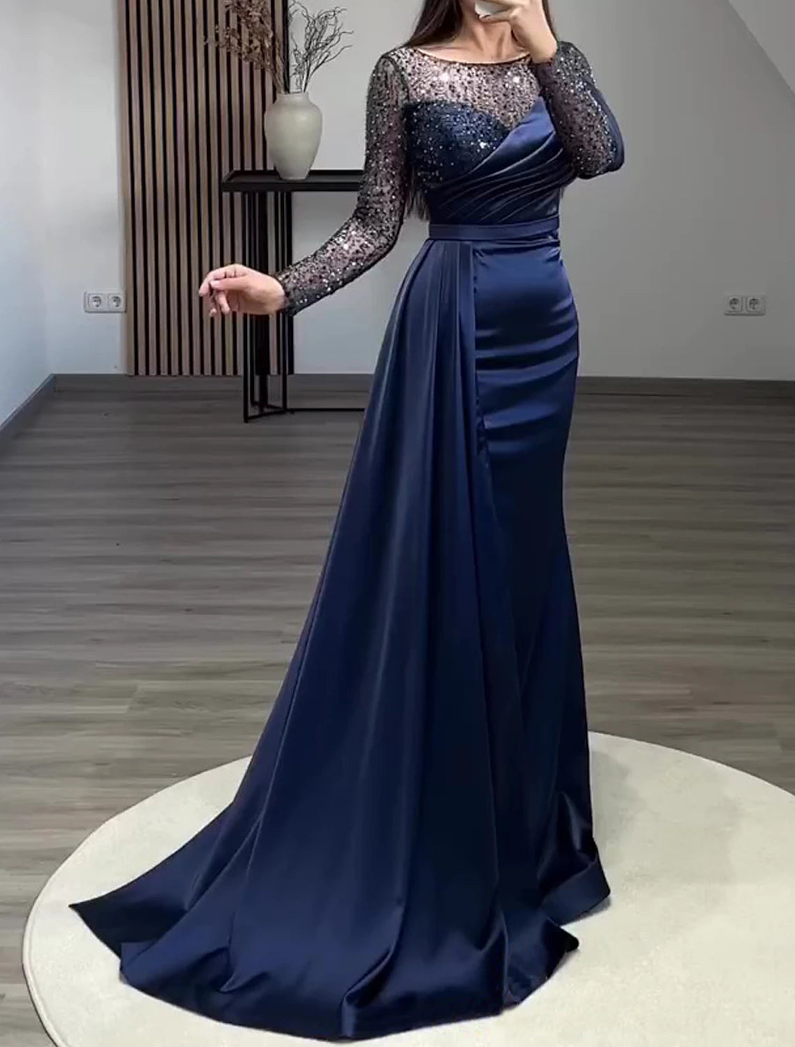 Weitese Mermaid Dress Evening Gown Red Green Dress Formal Wedding Guest Court Train Long Sleeve Jewel Neck Charmeuse with Ruched Pearls Sequin