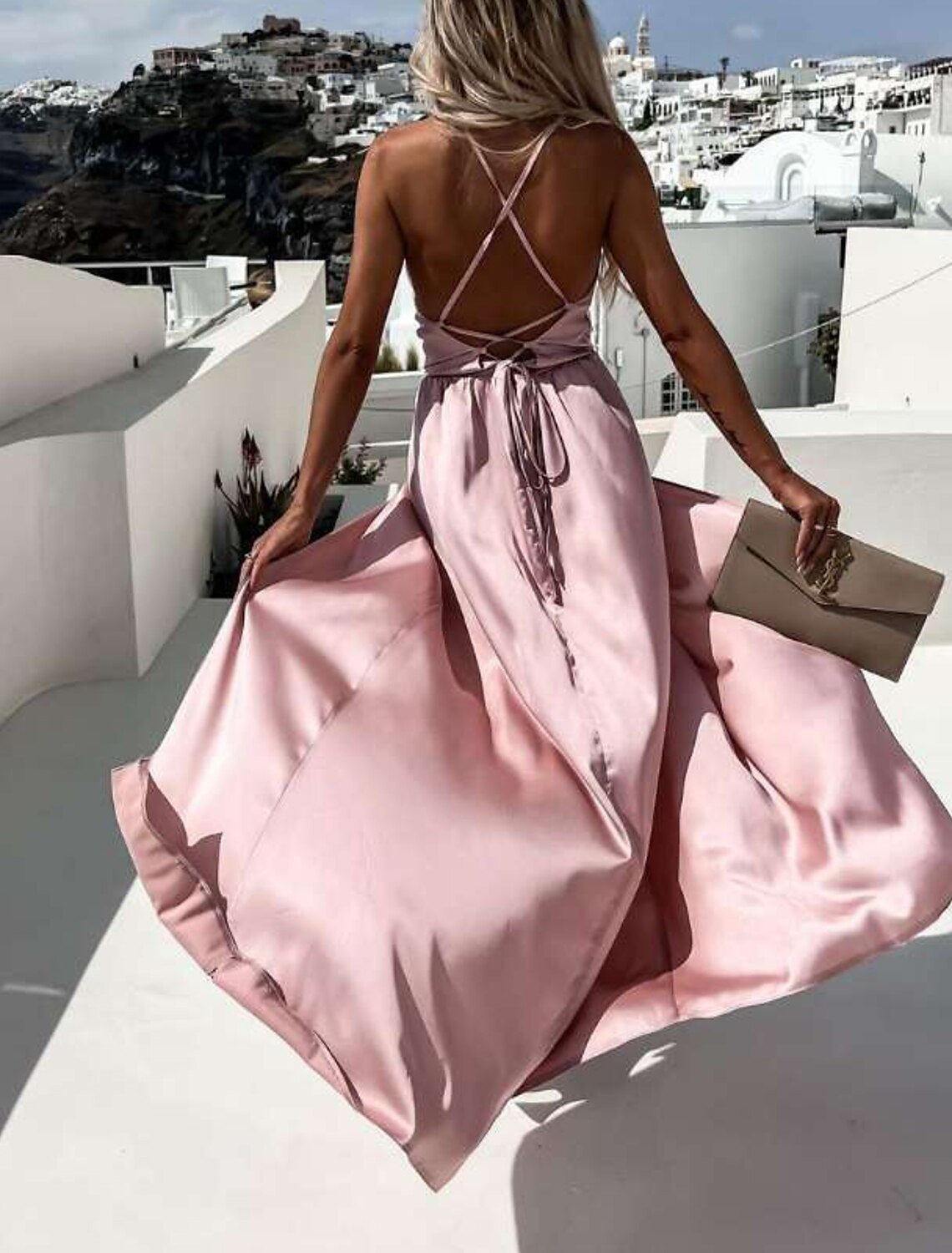 Weitese Women's Prom Dress Party Dress Satin Dress Pink Dress Long Dress Maxi Dress Fuchsia Khaki Sleeveless Pure Color Backless Summer Spring Fall Spaghetti Strap Fashion Birthday Evening Wedding Guest