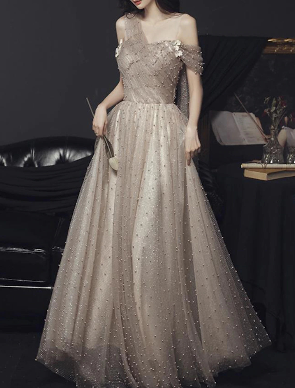 Weitese A-Line Prom Dresses Elegant Dress Wedding Guest Engagement Floor Length Sleeveless Illusion Neck Tulle with Pleats Beading