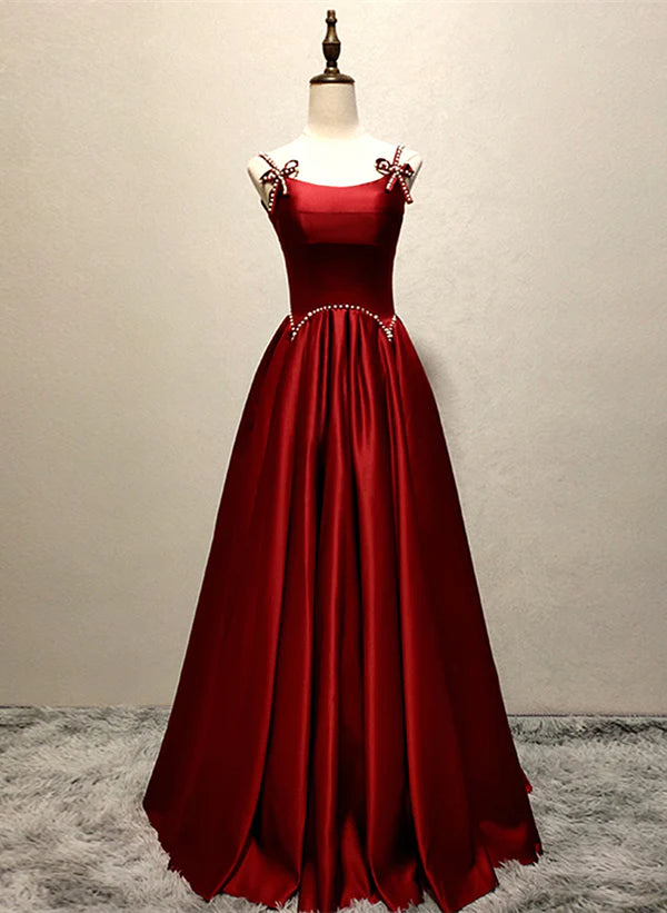 Vestido de fiesta largo con tirantes de satén rojo vino y cuentas