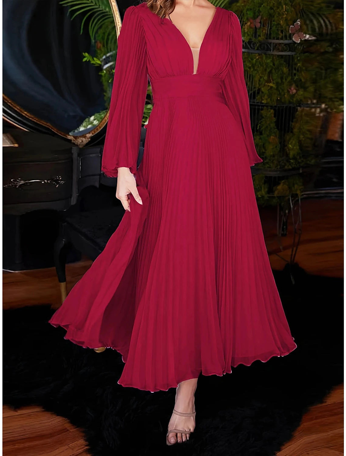 Weitese Women's Party Dress Wedding Guest Dress Swing Dress Long Dress Maxi Dress Wine Long Sleeve Pure Color Pleated Spring Fall Winter V Neck Fashion Winter Dress Evening Party Wedding Guest