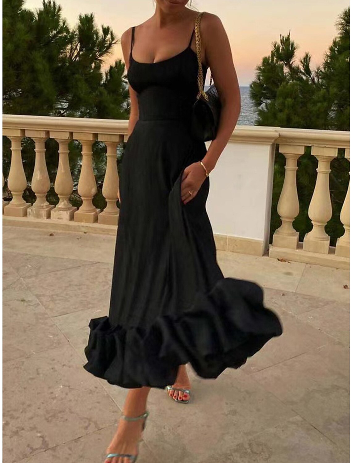 Weitese Women's Prom Dress Party Dress Swing Dress Long Dress Maxi Dress Black White Blue Sleeveless Pure Color Ruched Summer Spring Autumn Spaghetti Strap Party Evening Party Wedding Guest Summer Dress