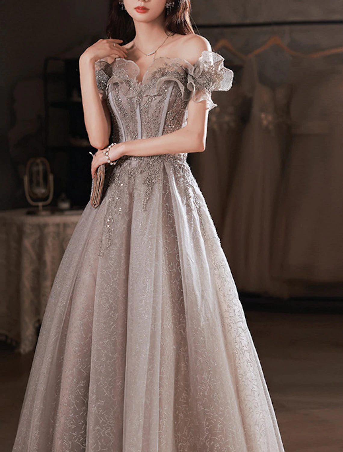 Weitese A-Line Prom Dresses Sparkle & Shine Dress Wedding Guest Prom Floor Length Short Sleeve Off Shoulder Polyester with Sequin Ruffles