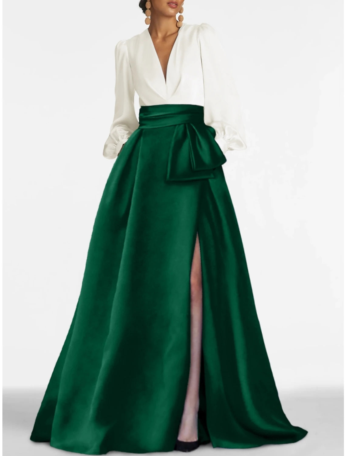 Weitese A-Line Evening Gown Elegant Dress Formal Sweep / Brush Train Formal Red Green Dress Long Sleeve V Neck Satin with Pleats Slit