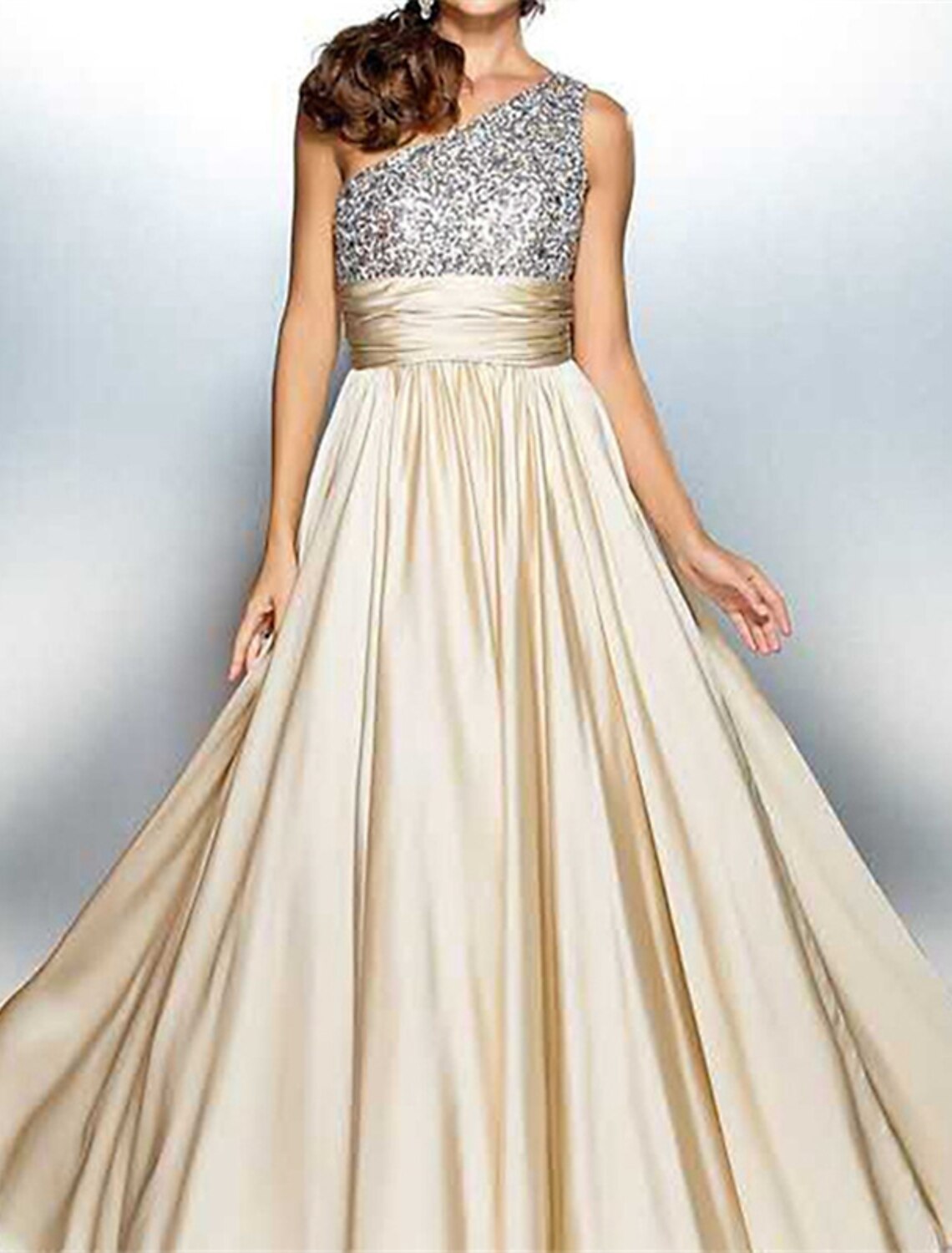 Women's Sequin Dress Prom Dress Party Dress Sparkly Dress Long Dress Maxi Dress Beige Sleeveless Summer Spring Fall One Shoulder Fashion