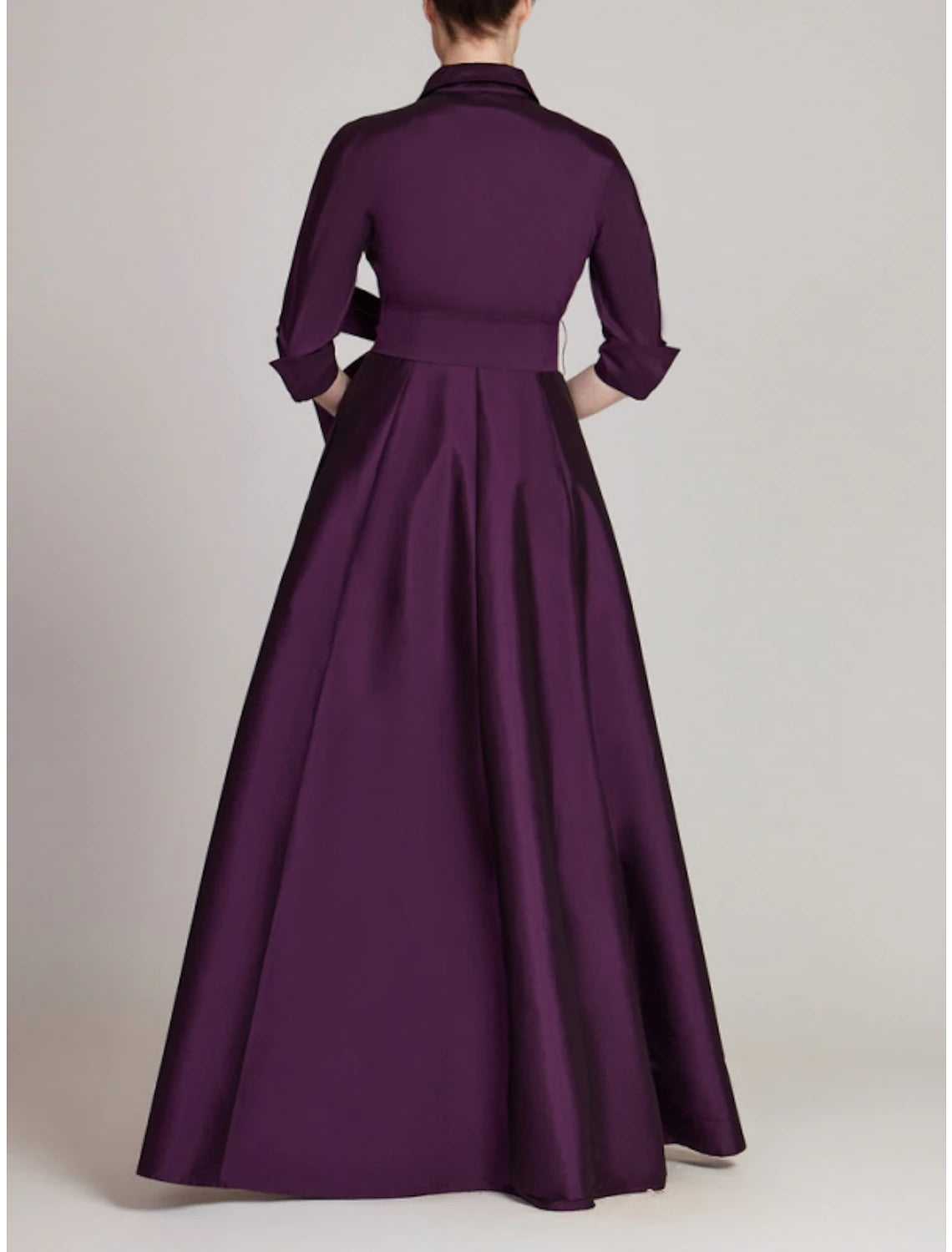 Weitese Satin A-Line Evening Gown Champagne Gold Minimalist Black Red Green Dress Dress Formal Fall Floor Length Half Sleeve Shirt Collar with Bow(s) Pleats