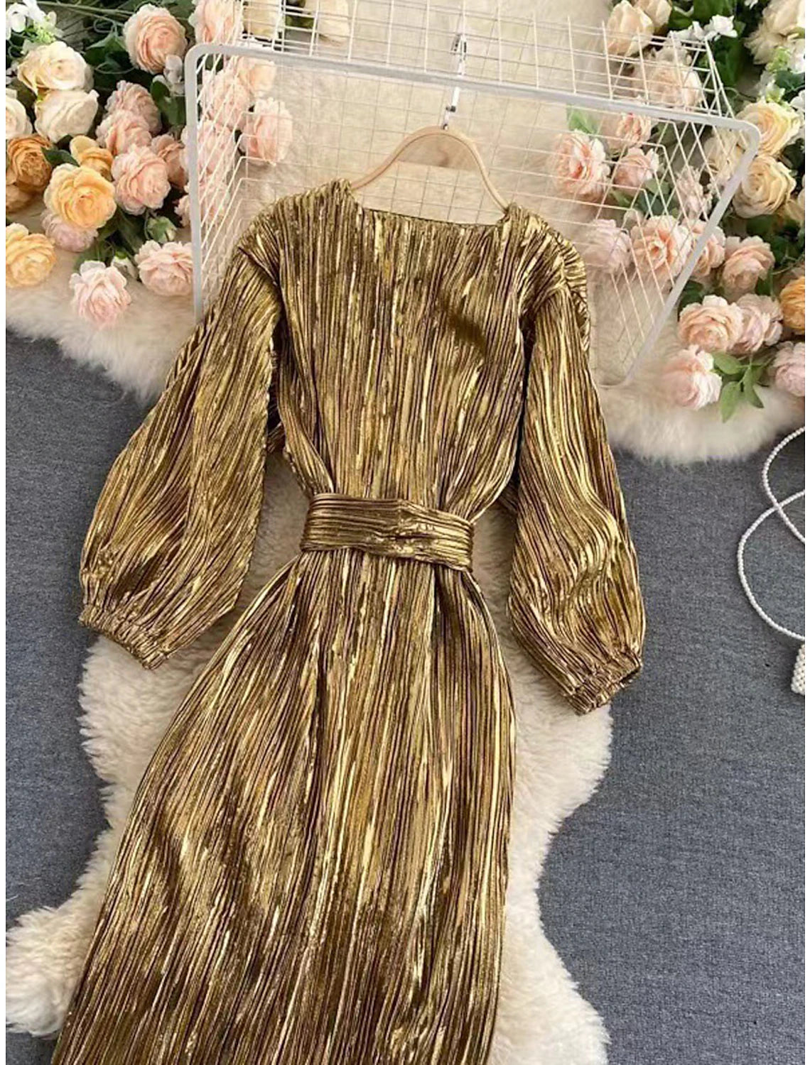 Weitese Women's Party Dress Cocktail Dress Sheath Dress Midi Dress Silver Gold Long Sleeve Line With Belt Fall Winter Autumn V Neck Fashion Evening Party Vacation