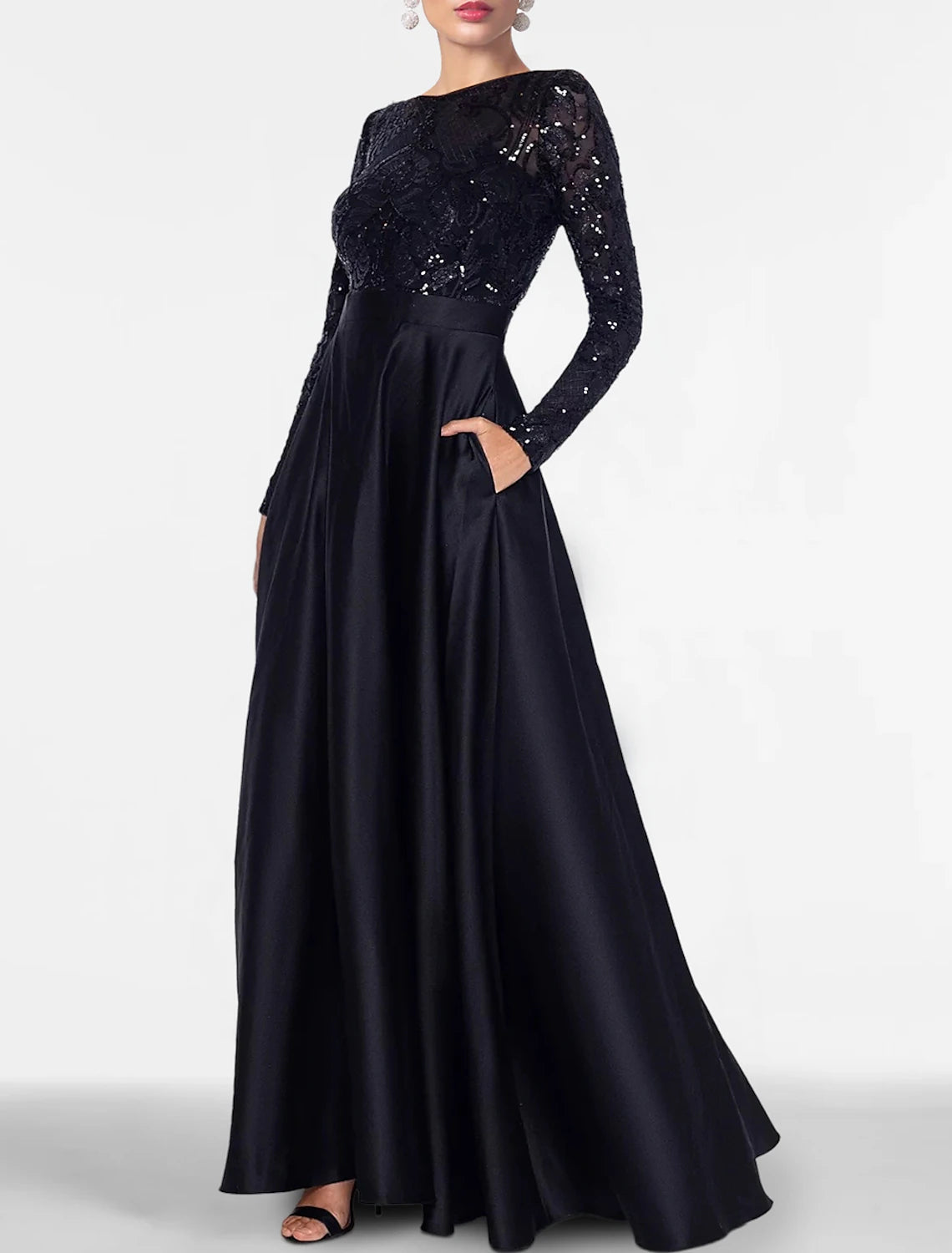 Weitese A-Line Evening Gown Elegant Dress Formal Black Tie Floor Length Long Sleeve Off Shoulder Fall Wedding Guest Satin with Slit Pocket