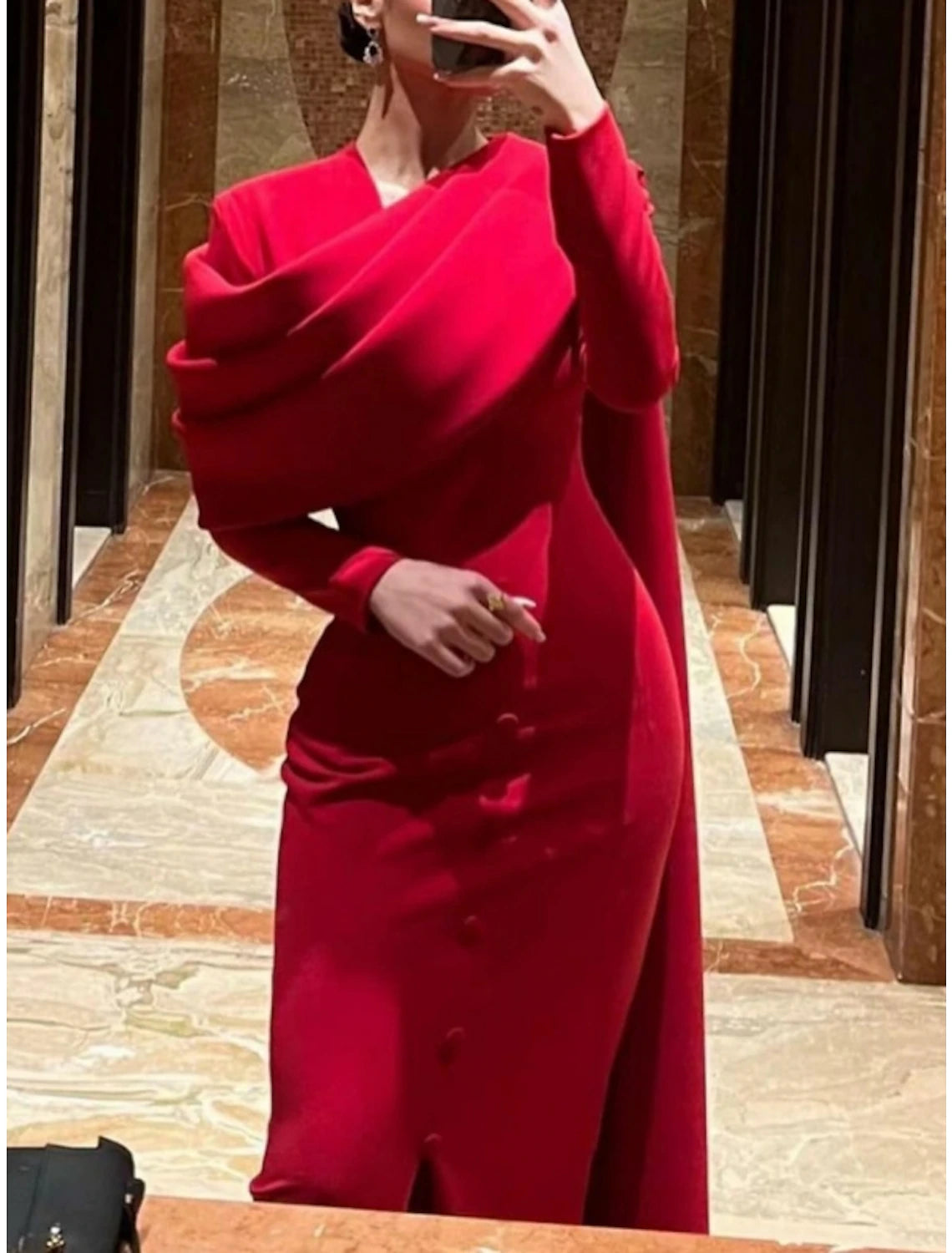 Weitese Sheath Red Black Red Green Dress Evening Gown Elegant Cape Dress Formal Fall Sweep / Brush Train Long Sleeve Cowl Neck Stretch Fabric with Buttons Slit