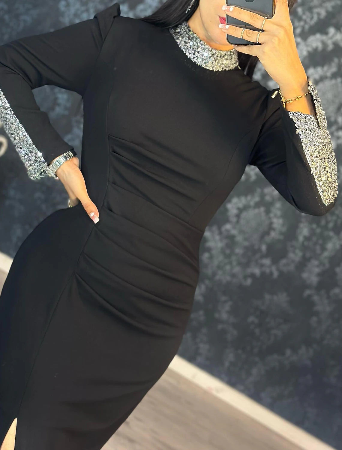 Weitese Mermaid / Trumpet Evening Gown Elegant Dress Formal Wedding Guest Floor Length Long Sleeve High Neck Black Dress Stretch Fabric with Sequin