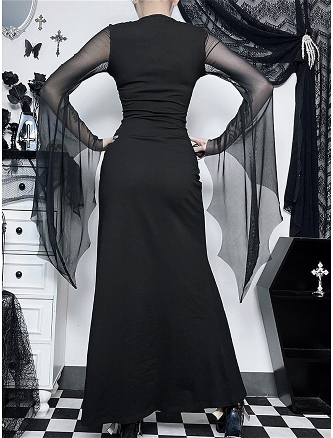 Weitese Women's Prom Dress Party Dress Sheath Dress Long Dress Maxi Dress Black Long Sleeve Pure Color Mesh Spring Fall Winter V Neck Fashion Halloween Evening Party Vacation