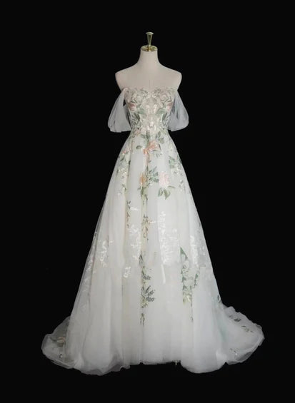 A-line Tulle with Flower Lace White Wedding Party Dress