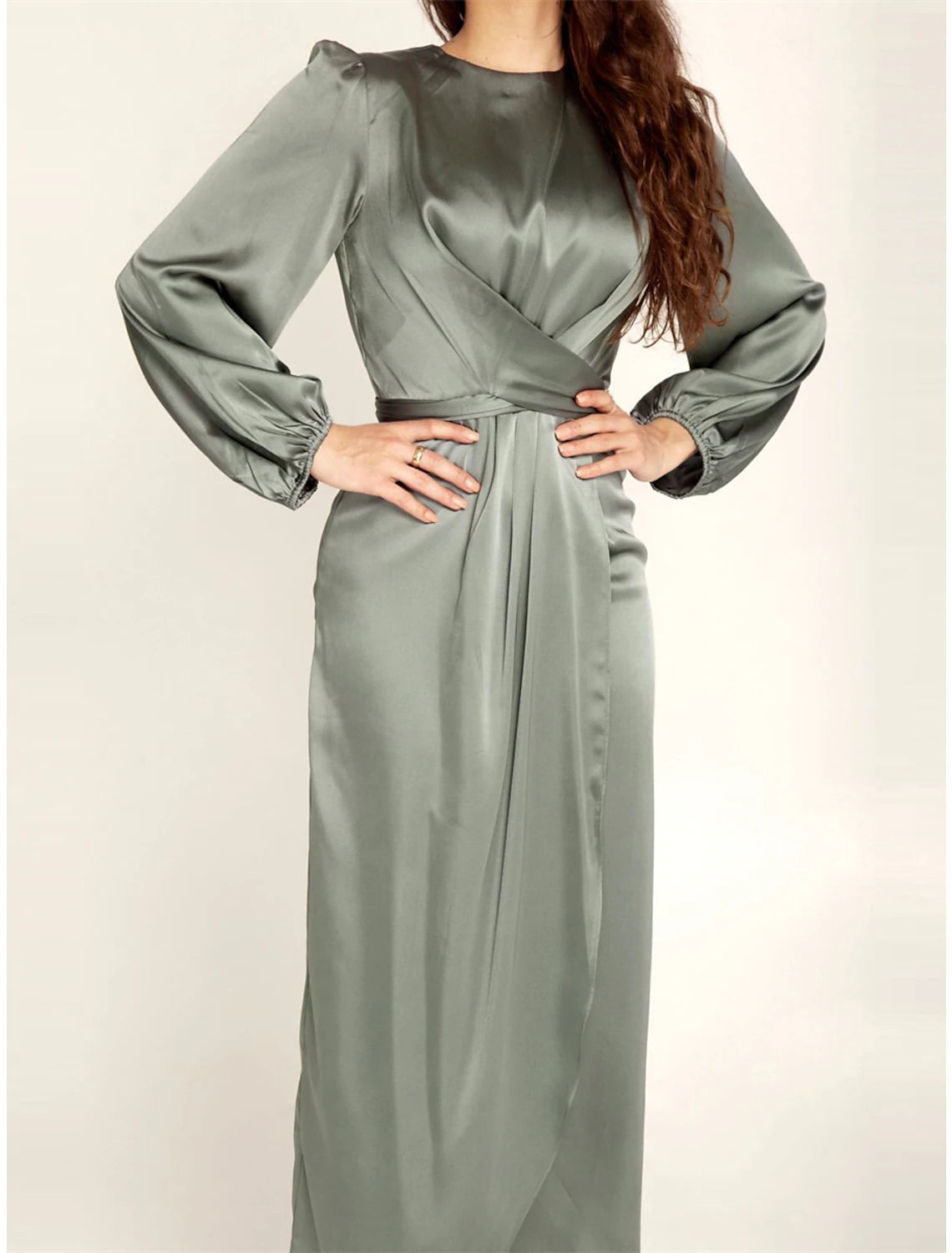 Women's Black Dress Party Dress Satin Dress Midi Dress Black Pink Blue Long Sleeve Pure Color Knot Front Spring Fall Winter Crew Neck Fashion Winter Dress Wedding Guest Birthday