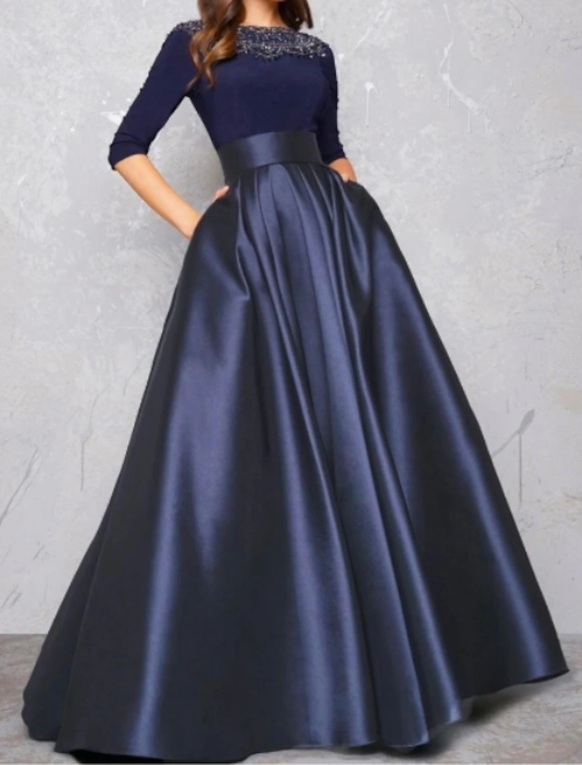 Weitese Ball Gown Evening Gown Minimalist Dress Quinceanera Formal Evening Floor Length Half Sleeve Illusion Neck Fall Wedding Guest Satin with Pleats Lace Insert